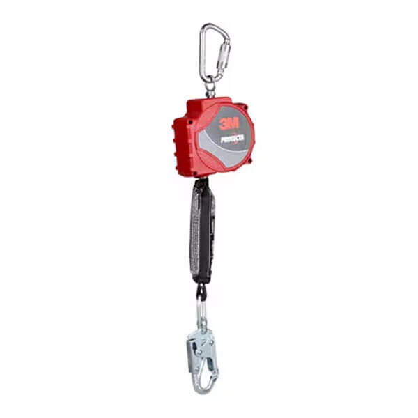 Illustrated is a 3M Protecta SRL with Carabiner, featuring a red design and equipped with a steel swivel snap hook. The device, designed by 3M Fall Protection, includes a swiveling anchorage point and is built for fall protection in work environments. It boasts a retractable cable and secure attachments.