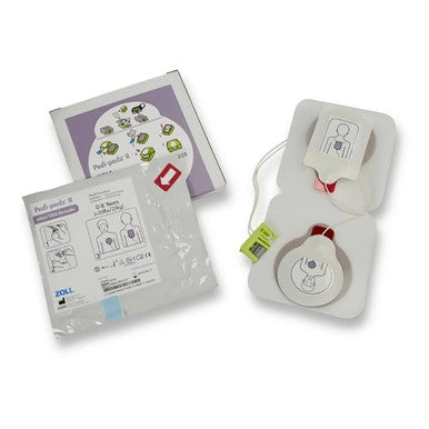 ZOLL Pedi-Padz II Electrodes - One Pair (8900-0810-01) from ZOLL are pediatric defibrillator pads for the AED Plus, featuring illustrated placement instructions to ensure proper use and accurate ECG readings for children.