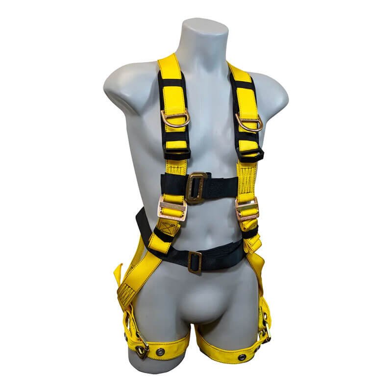 A gray mannequin torso displays the French Creek Production 500 Series Harness with Shoulder D-Rings 550D, featuring yellow and black adjustable straps plus metal buckles at the shoulders, chest, waist, and thighs for dependable fall protection.