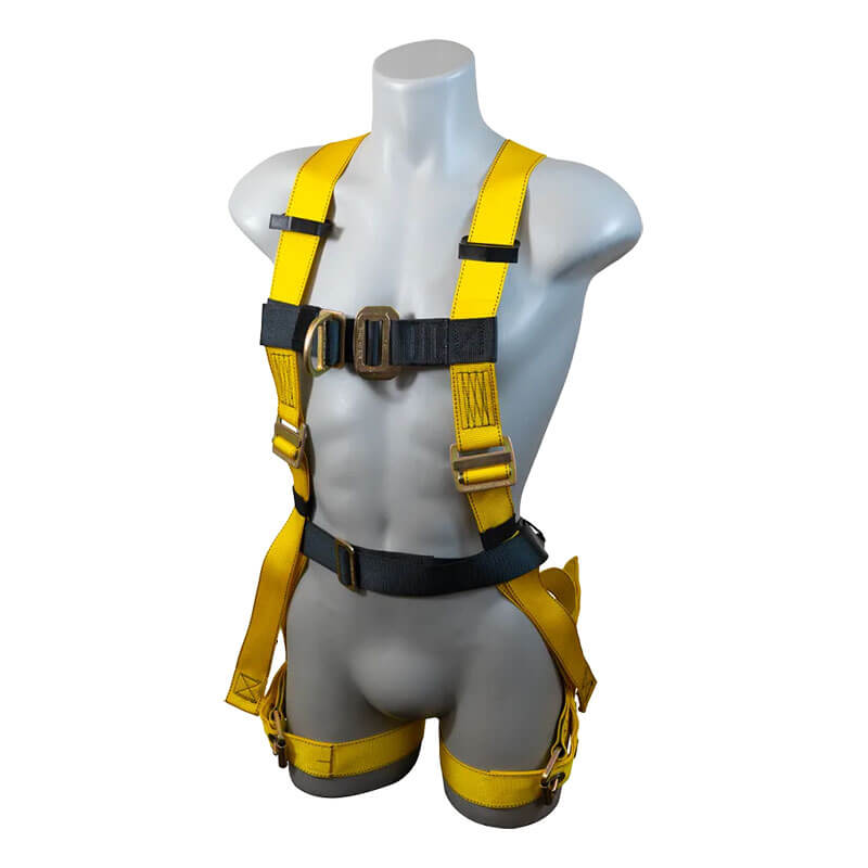 A grey mannequin displays the French Creek Production 500 Series Harness with Chest D-Ring 550H in yellow and black, featuring multiple adjustable straps and metal buckles for dependable fall protection around the shoulders, chest, and thighs.