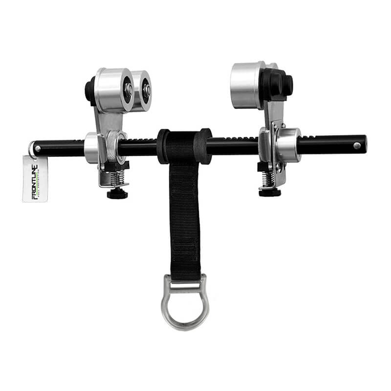 The Frontline Beam Trolley Anchor by Frontline Fall Protection fits 3"-10" wide I-beams and features wheels, adjustable brackets, a black strap, and a swiveling D-Ring for use on overhead safety rails or zip lines.