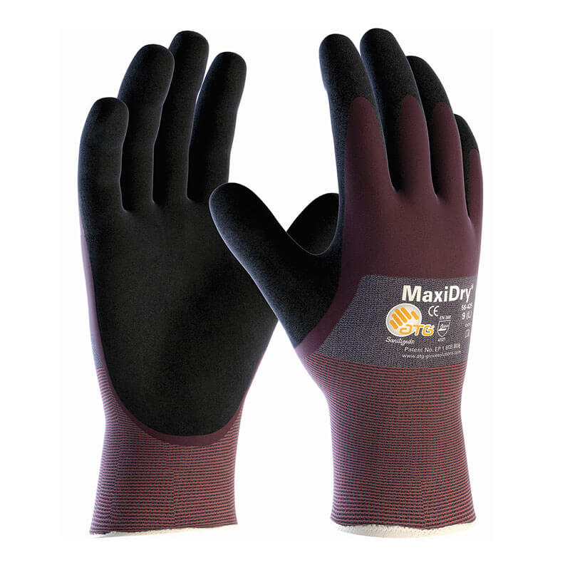 A pair of PIP - Protective Industrial Products' MaxiDry Ultra Lightweight Nitrile Coated Gloves 56-425, featuring black palms and maroon backs, is expertly designed for precision handling. The nitrile coating provides superior protection. The logo and text are printed on the back of one glove, which is displayed upright against a white background.