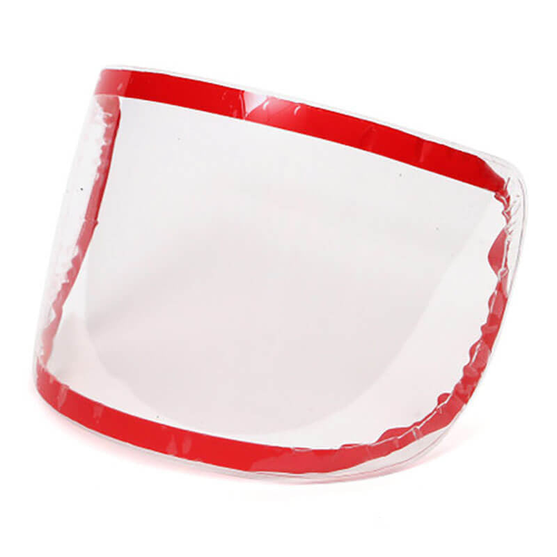 Introducing the PureFlo Visor Protector PR02510SP, a set of four curved, clear plastic sheets with red edges from Pureflo. These protectors are perfect for enhancing visibility and ensuring safety in various environments.