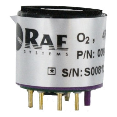 The RAE Systems Replacement Oxygen Sensor 008-1161-000 is a cylindrical sensor with a metallic label and gold pins for electronic connections—perfect as a replacement component for your monitoring device.