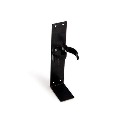 The Allegro Escape Breathing Apparatus (EBA) Bracket 4110-04 by Allegro is a black metal wall-mounted bracket with two installation holes at the top. It includes a cylindrical holder with side grips, making it perfect for securely holding items like an escape breathing apparatus or any cylindrical object such as a fire extinguisher.