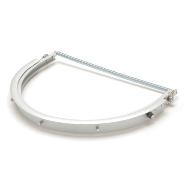 The Pyramex Aluminum Full Brim Hard Hat Adapter HHAAW by Pyramex Safety features a curved shape and straight top bar, like a metal purse frame, with hinges and clasps for secure attachment to full brim hard hats.