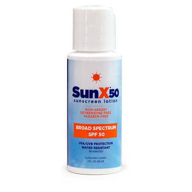A white 2oz Coretex Sun X 50 SPF 50 sunscreen lotion bottle (61662) with a blue and orange label—broad spectrum, non-greasy, oxybenzone-free, paraben-free, water resistant; sold as 12 per case.