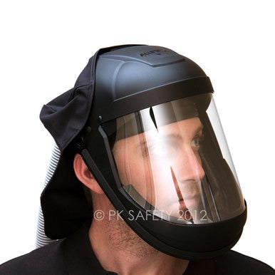 An individual is wearing an Allegro Economy Supplied Air Face Shield with Low Pressure Adapter from PK Safety Supply. The black protective hood covers their head and neck, while the NIOSH-approved respirator's clear face shield provides full coverage down to the chin as they look to the side.