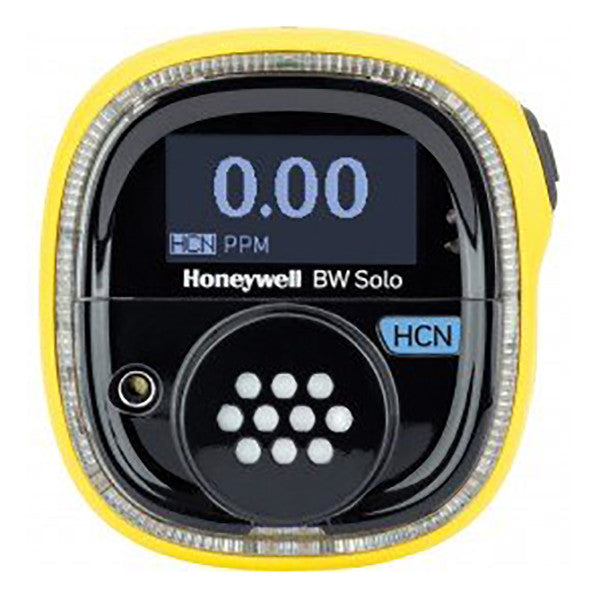 The yellow Honeywell BW Solo Wireless Gas Detector HCN BWS1-Z-Y by BW Technologies features a display showing 0.00 PPM. With an HCN label and circular sensor area, it integrates with Safety Suite software for better monitoring.