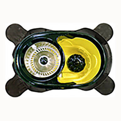 Top view of the Hurricone CycloMop Spin Mop with Dolly CM500D, presented in a black and yellow color scheme. One side includes a metal spin-dry basket, ideal for the 360-degree rotating spin mop, while the other features a stainless steel wringer compartment. The bucket is equipped with four extended black stabilizing feet for added stability.