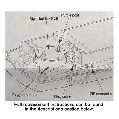 Diagram of an electronic component labeled with parts: rigidified flex PCB, purple post, flex cable, ZIF connector, and O2 sensor. A note below mentions that full replacement instructions for the BW Micro Clip XT/XL Replacement Flex PCB MC2-FPCB1 by PK Safety Supply can be found in the descriptions section for GasAlert Micro Clip XT/XL monitors.