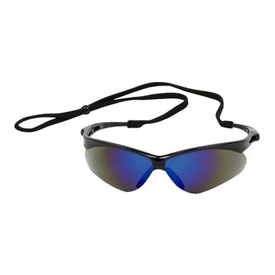 Introducing the PIP Anser Glasses, a set of sleek sports sunglasses featuring blue mirror-coated lenses and a black frame. They come equipped with an adjustable black strap at the ends for secure wear during high-intensity activities, while providing UV protection for all your outdoor adventures.