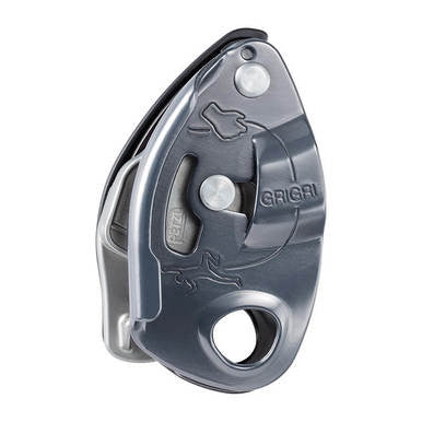 Close-up of the Petzl GRIGRI Grey Belay and Descent Device D014BA00, crafted with assisted braking capabilities. This device by Petzl includes a loop and movable components for precise control over climbing rope descents. It showcases engraved details and a sleek, metallic finish in gray and silver.