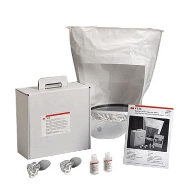 The 3M FT-30 Bitrex Respirator Fit Test Kit with Solution by 3M includes a white carrying case, transparent hood, two bottles, gray inserts, and instruction sheet—ideal for OSHA-compliant NIOSH respirator testing. Shown on a white background.