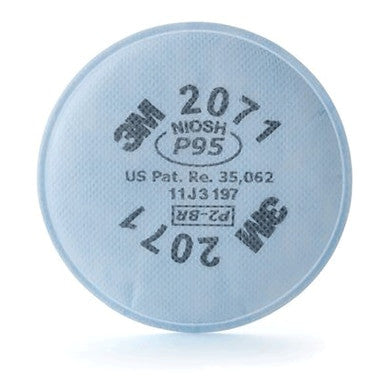 The 3M 2071 P95 Particulate Mask Filter (Pair) by 3M is a round, light blue filter for respiratory protection with "NIOSH P95," "3M," and patent info printed on its surface, compatible with half mask respirators or dust masks.