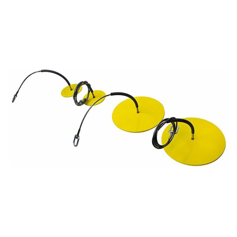 Three yellow Frontline Drop Thru Anchor Round Plates with black cables and connectors from Frontline Fall Protection are arranged in a line on a white background, with their coiled cables resting on top of the plates.