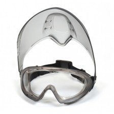 The Pyramex Capstone Combination Goggles and Face Shield by Pyramex Safety provides chemical splash protection for your eyes and face with clear goggles and a transparent shield featuring a black headband.
