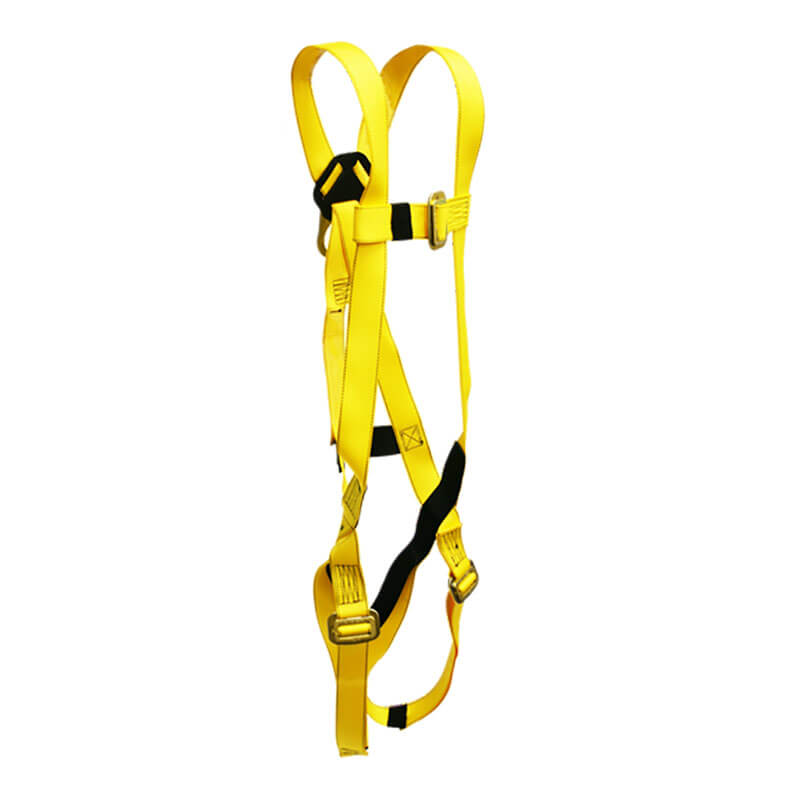 The French Creek Production 631-M-XL Full Body Harness features adjustable yellow straps and black padding, ideal for fall protection in construction or industrial work. Full-body safety harness shown isolated on a white background.