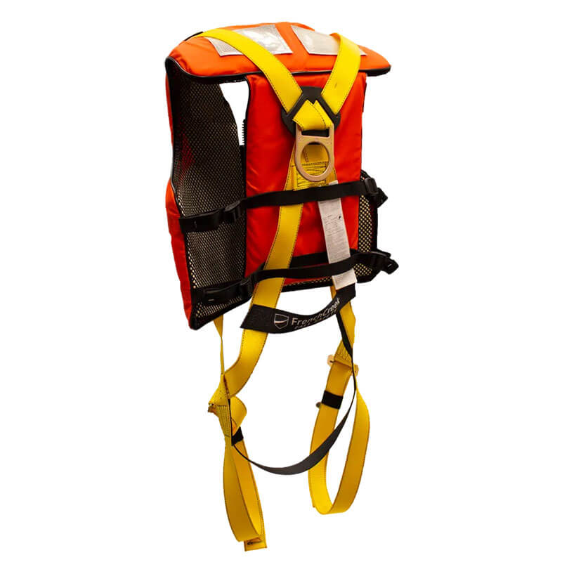 The French Creek 601 Series Life Jacket 3 Pt Harness 631LJ by French Creek Production is a red and orange safety vest with yellow straps and reflective patches, shown suspended on a white background.