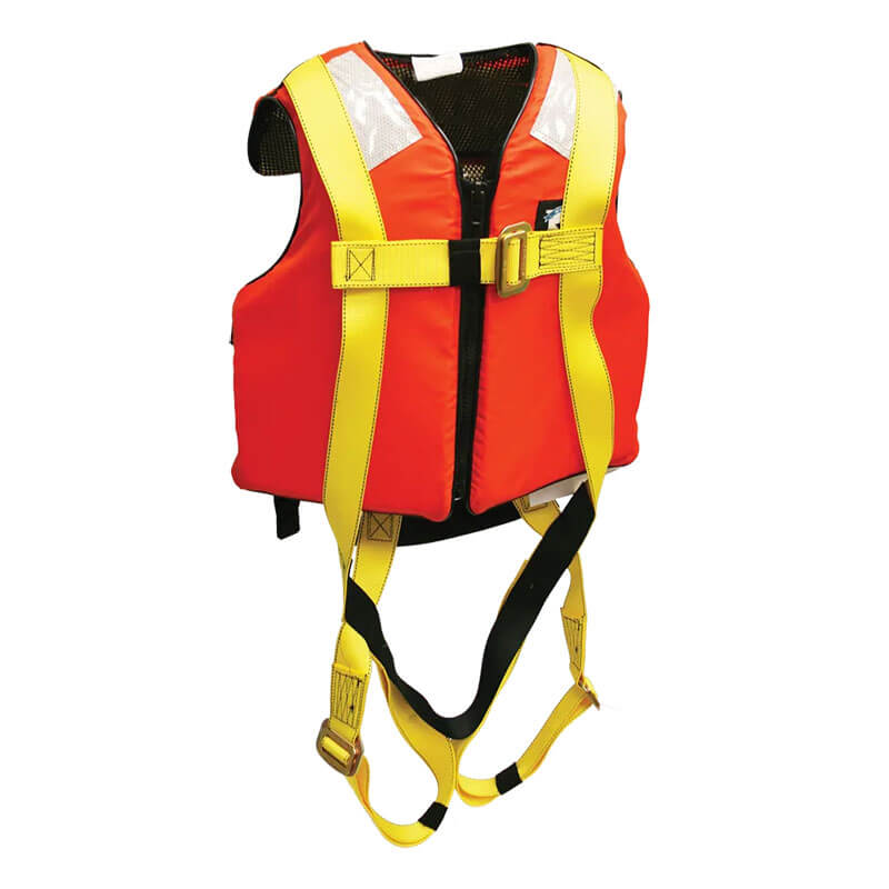 The French Creek Production 601 Series Life Jacket 3 Pt Harness 631LJ, featuring orange material, yellow adjustable straps, and black buckles, is designed for safety and flotation and shown against a white background.