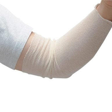 A person wearing an Allegro Arm Sock from Allegro, often referred to as a beige compression elbow sleeve, on their bent arm. This textured design seamlessly extends from mid-arm to forearm over a light-colored shirt, expertly combining function and style.