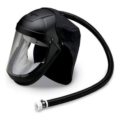 The Allegro Supplied Air Shield System 9245-01 by Allegro features a black protective hood, clear face shield, and flexible hose for dependable respiratory protection in hazardous environments.