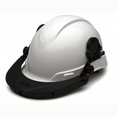 The Pyramex Ridgeline Cap Style Hard Hat Adapter HHABCMR from Pyramex Safety is a white hard hat with a black brim and adjustable side straps, engineered to provide safety and protection on construction sites. It includes an adapter for attaching safety glasses or a face shield, offering comprehensive protection for every worker.