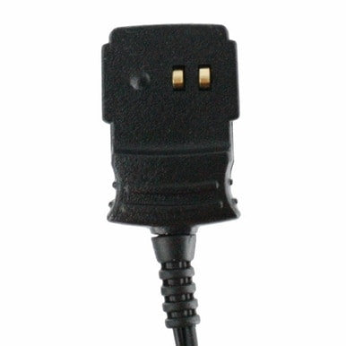 Close-up of a textured, rectangular black BW Honeywell Vehicle Power Adapter GA-VPA-1 featuring two gold prongs, connected to a cable. This connector is specifically designed for seamless compatibility with BW Technologies devices and also functions as a GasAlert vehicle charger.