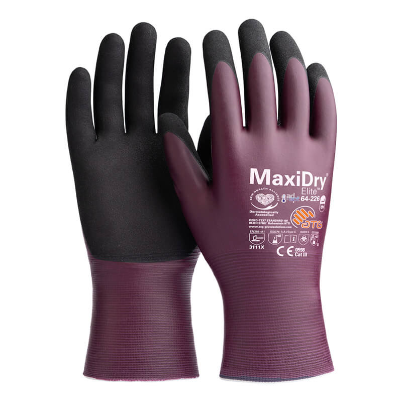 A pair of PIP ATG MaxiDry Elite Fully Coated Gloves 64-226, featuring a purple and black design and renowned for oil resistance, with product specifications printed on one glove, displayed against a white background.