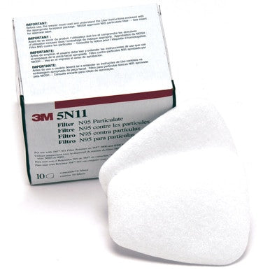 A box of 3M 5N11 Prefilter by 3M, featuring two oval white N95 filters in front. The predominantly white box with red and black text is designed for use in compatible respiratory protection systems.
