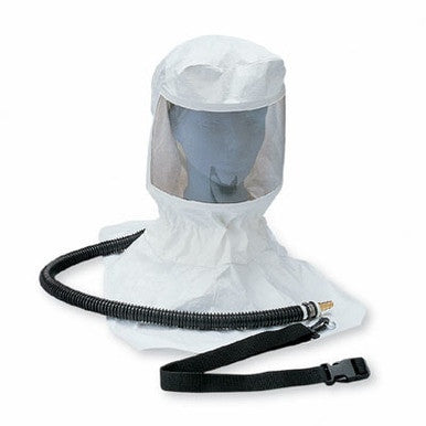 The Allegro Tyvek Supplied Air Respirator (SAR) Hood Assembly 9910 by Allegro includes a transparent face shield and an integrated breathing tube. The respirator’s flexible tube attaches to a black strap with a buckle for secure fitting, making it perfect for asbestos abatement. It is made from durable white material.