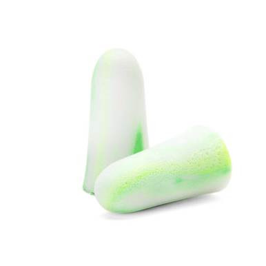 Two Moldex 6604 SparkPlug foam earplugs, white with light green marbling, designed for noise reduction; one stands upright and the other lies on its side against a white background. From Moldex, sold in boxes of 200 pairs.