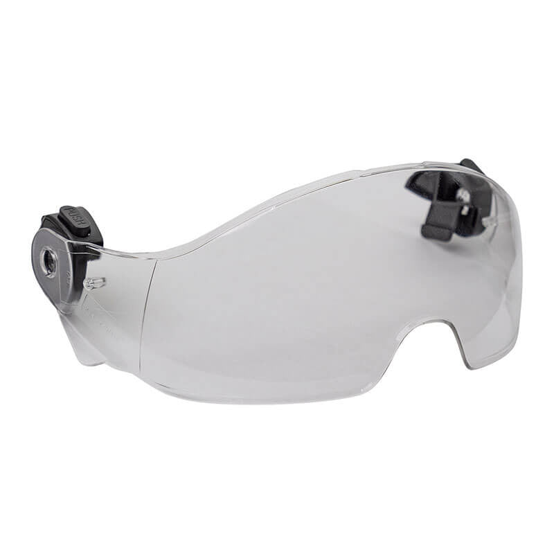 The PIP Traverse Safety Eyewear, from the brand Protective Industrial Products (PIP), is a clear visor with adjustable black side attachments that fits helmets. Compliant with ANSI Z87+ standards, it features a Quick Connect System for easy attachment. Curved to cover and protect the eyes and upper face, this visor maintains excellent visibility while ensuring safety.
