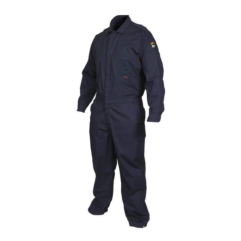 The MCR Safety FR Contractor Coverall Navy CCMN is a dark blue, long-sleeved, flame-resistant coverall with a collar, front zipper, chest pockets, and an embroidered patch on the left sleeve, shown on a headless, handless mannequin.
