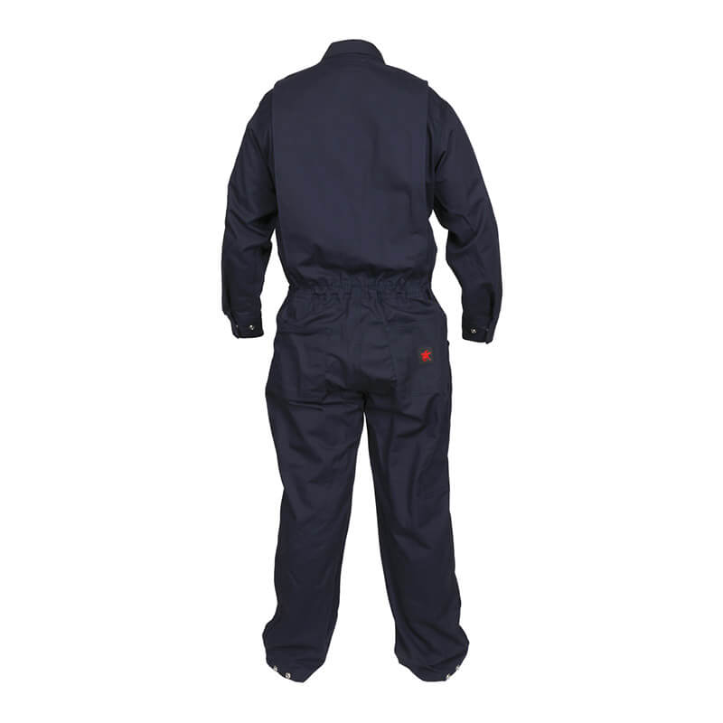 The MCR Safety FR Contractor Coverall Navy CCMN is shown from the back, featuring long sleeves, a collar, an elastic waistband, and full-length pants. Durable flame-resistant fabric meets industrial safety standards. Brand: MCR Safety.