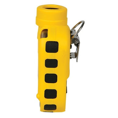 The RAE Systems ToxiRAE Pro CO Single Gas Detector (model G02-B210-100) is a yellow handheld device with a gray clip on the side and stylish black square accents along its edges, offering wireless remote access for enhanced safety and convenience.