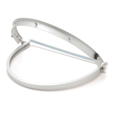 The Pyramex Safety Aluminum Full Brim Hard Hat Adapter HHAAW features an adjustable strap and front bar for attaching a clear visor, and functions as a face shield adapter compatible with various helmet systems.