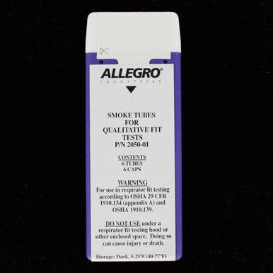 A rectangular box labeled "Allegro" contains six Replacement Smoke Tubes for Fit Tests 2050-01. The white label with a purple border lists contents, warnings, and OSHA guidelines in black text.