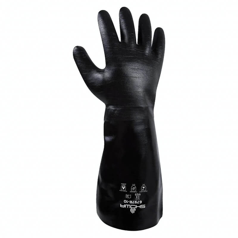 A single Showa Best Neo Grab Premium Glove 6797R-10 in black neoprene stands upright with white safety symbols and text near the cuff, displayed on a plain white background. Manufactured by Showa Best, this chemical-resistant glove offers acid protection and abrasion resistance, ensuring reliable safety in demanding environments.