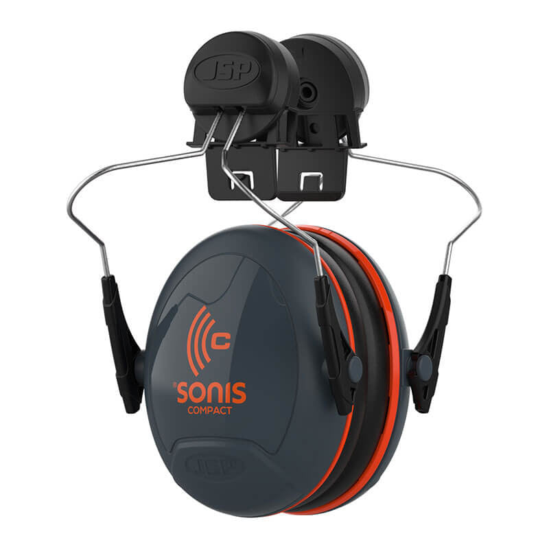 The PIP Sonis Compact Full Brim Mounted Passive Ear Muff 262-AEB030-FB features a distinctive dark grey and orange design, along with adjustable metal and plastic headband components. The PIP branding is prominently displayed on the top clip of these ear muffs, which provide excellent passive noise reduction for effective ear protection.