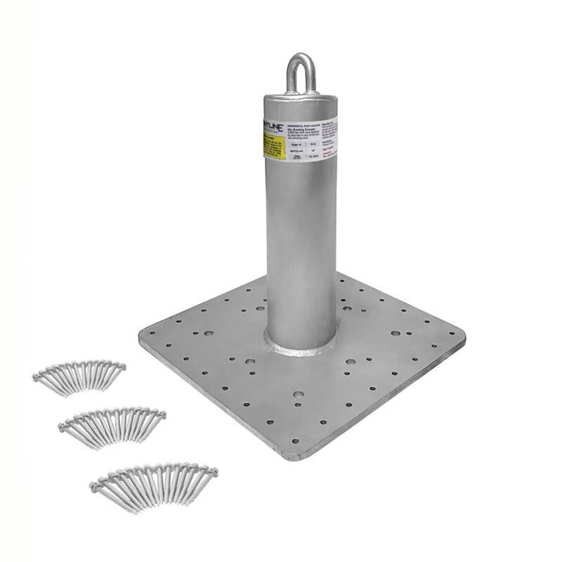 The Frontline Multifunction Commercial Roof Anchor by Frontline Fall Protection features a hot dip galvanized ASTM-rated steel base plate with a central vertical cylindrical post, multiple small holes, an eyelet on top, and three sets of bolts.