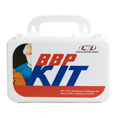 A white protective PIP Bloodborne Pathogens Kit 299-13215, featuring "BBP Kit" prominently displayed in bold red and blue letters. The kit adheres to OSHA Standard 1910.103, complying with the OSHA Bloodborne Pathogens Rule. The cover includes an illustration of a person equipped with protective gear.