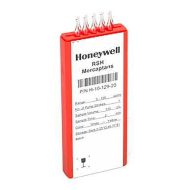 The PK Safety Supply Honeywell Mercaptans 5 - 120 ppmv Tubes H-10-129-20 (10/Box) feature gas detection capabilities and are designed with a red casing and barcode label, with five small metallic prongs on top. These tubes include specifications with the part number H-10-129-20.