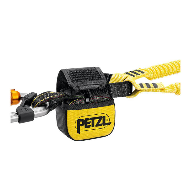 The Petzl Absorbica-Y Tie Back MGO Double Lanyard L015BB00, in yellow and black, includes a carabiner, tethers, and an energy absorber. It comes with a small padded bag secured by a Velcro strap, designed for safety during aerial activities.