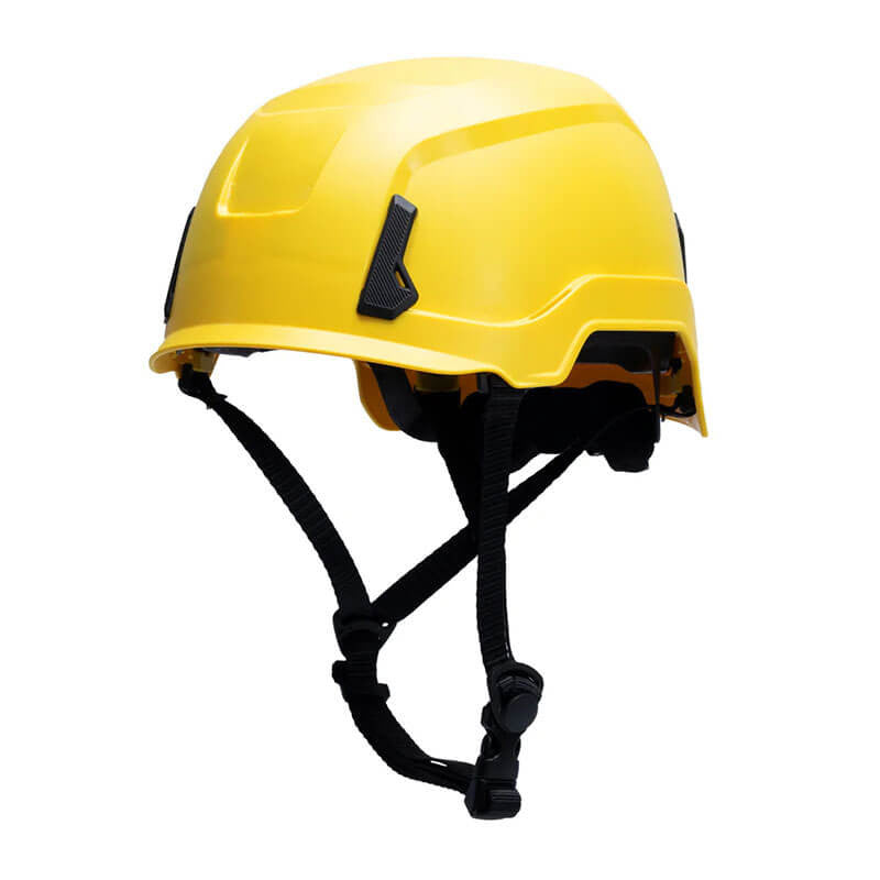 The Pyramex SL T2 Safety Helmet, by Pyramex Safety, is a yellow helmet featuring impact absorption, black adjustable straps, and side clips. Designed for construction or industrial use, its lightweight shell ensures comfort and protection. The helmet is displayed on a white background.