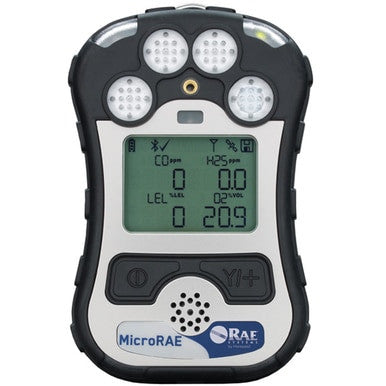 The MicroRAE 4-Gas Diffusion Monitor M031-1111-200 by PK Safety Supply provides real-time readings of CO and H2S on its display, featuring intuitive control buttons. Its durable casing ensures longevity, while wireless connectivity enhances its features.