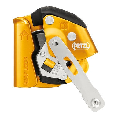 A close-up of the Petzl ASAP LOCK B071BA00 by PETZL highlights its advanced fall protection design for climbing. The yellow and black device, equipped with a silver locking mechanism, prominently displays the PETZL logo on its side.