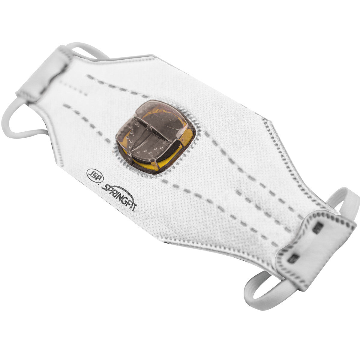 A PIP Springfit N95 flat fold disposable respirator with ear loops and a yellow valve on the front. This white mask, labeled with "PIP Springfit," features dotted patterns for structure and offers effective protection, making it ideal for filtering dust and other airborne particles.