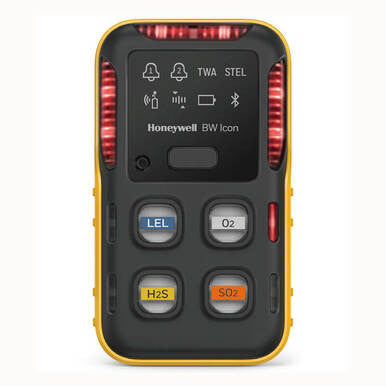 The Honeywell BW Icon 4-Gas Detector (ICON-Y-S) by BW Technologies features a black front panel with buttons for LEL, O2, H2S, and SO2 sensors. It is enclosed in a yellow casing with red warning lights on the top and sides.