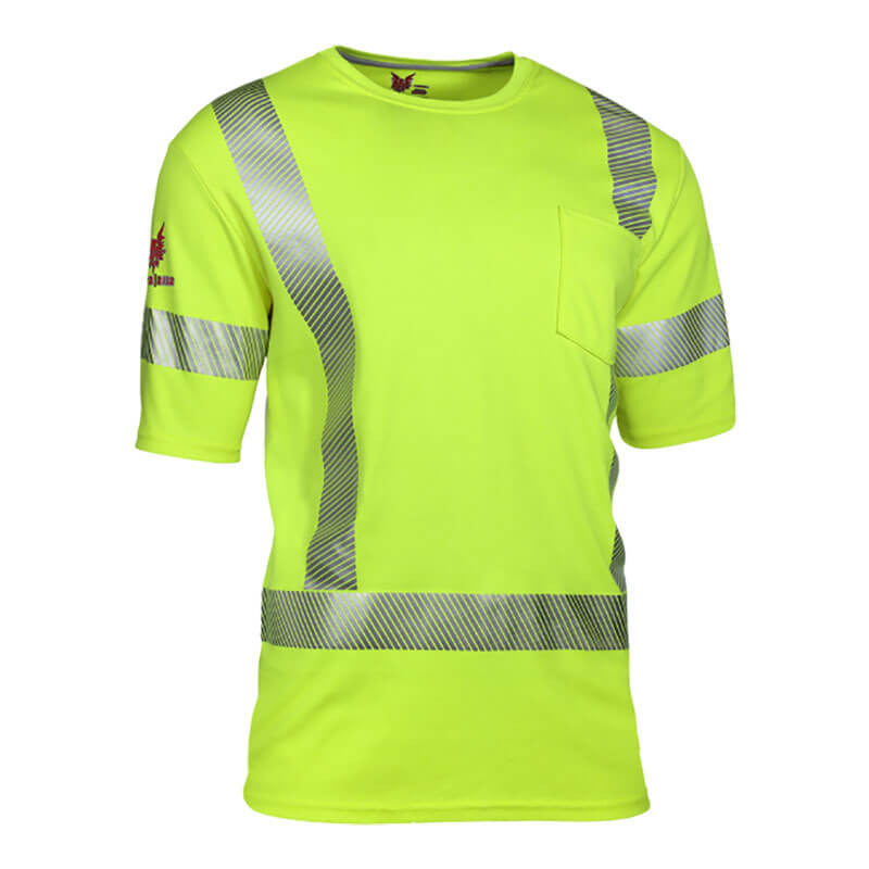 The NSA DRIFIRE FR Hi-Vis Dual Hazard Short Sleeve shirt, with an arc rating of 11 cal/cm², features a fluorescent yellow design and reflective gray stripes across the chest, waist, and arms. This short-sleeved shirt also includes dual hazard protection and a small front pocket on the left side.